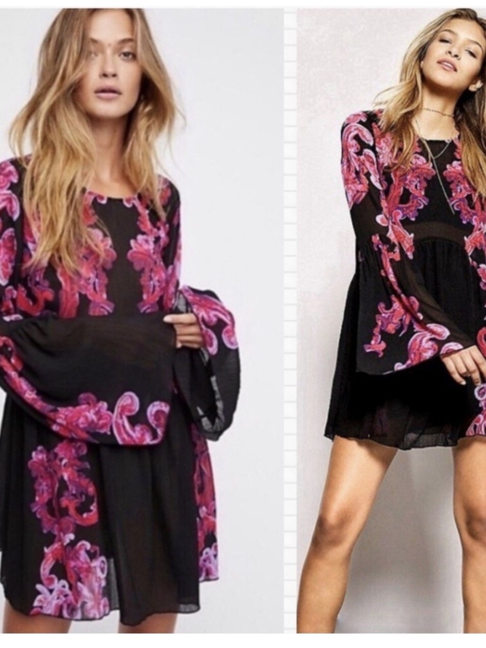 Free People Intimately Black Long Sleeve Sheer Pink Red Floral Dress Cover Up M